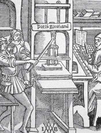 This engraving shows a printing press in 1498.